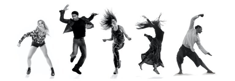 Five people dancing energetically , flailing their hands, set in black and white