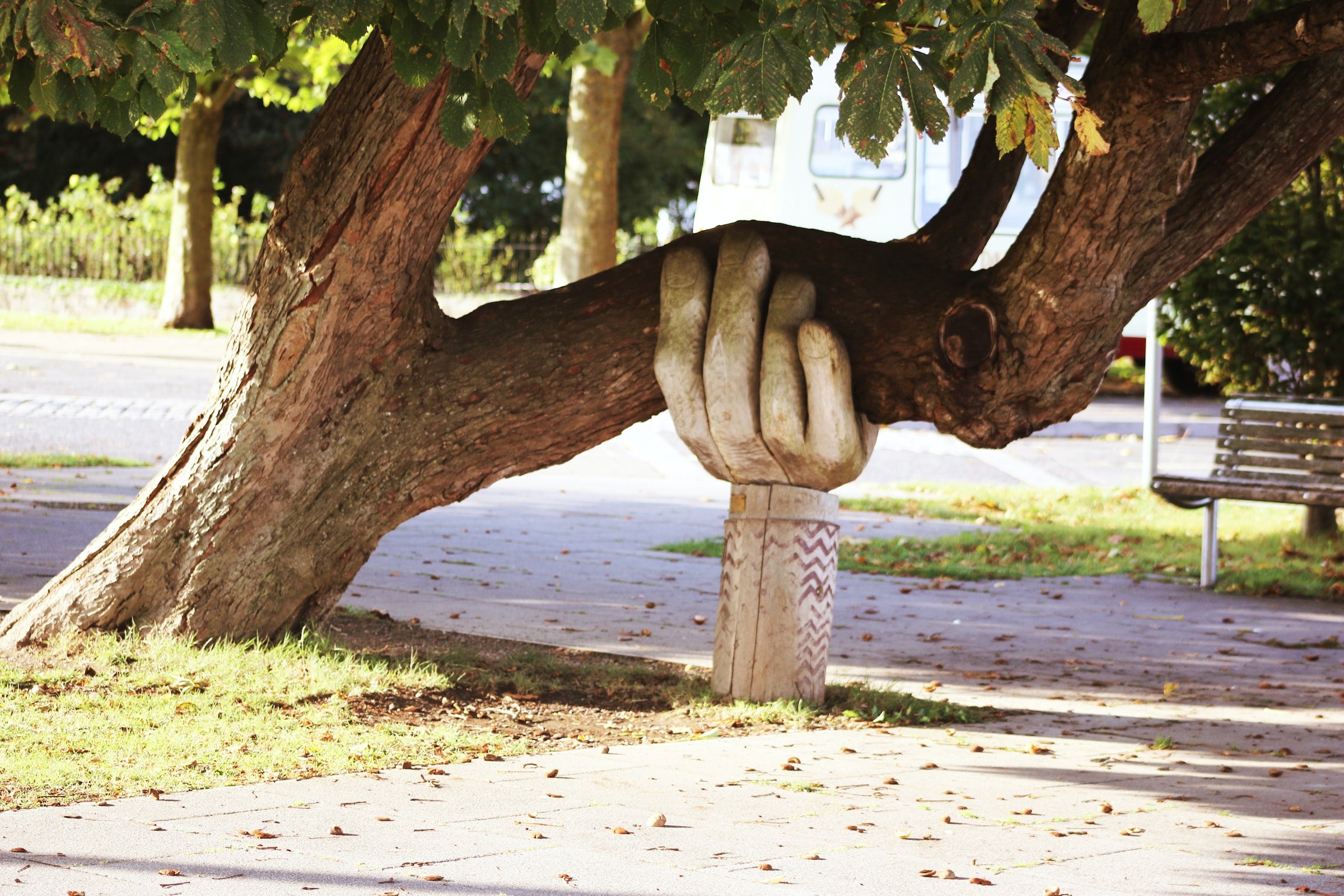 A wooden sculpture of a hand holding up a tree that is leaning to the oneside