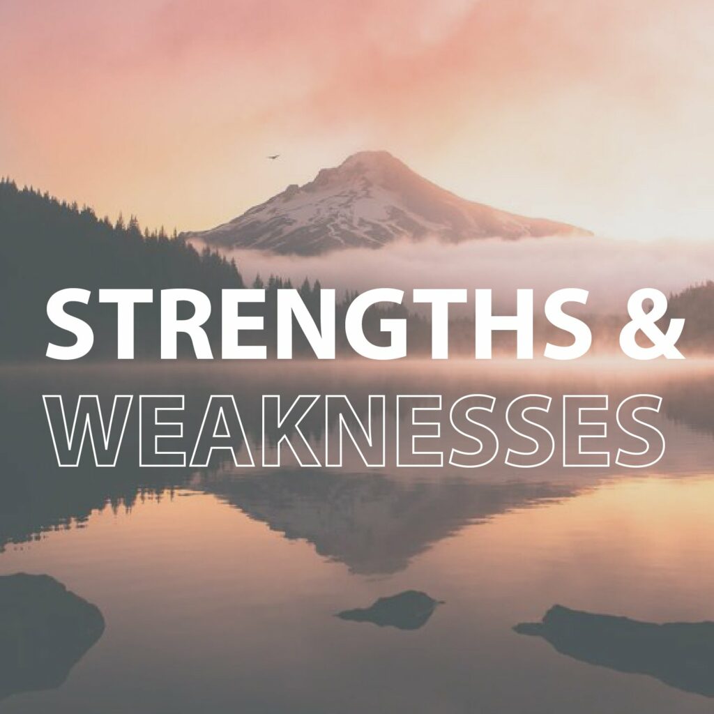 A sunrise or sunset view over a lake with a mountain in the background, labeled "STRENGTHS & WEAKNESSES."