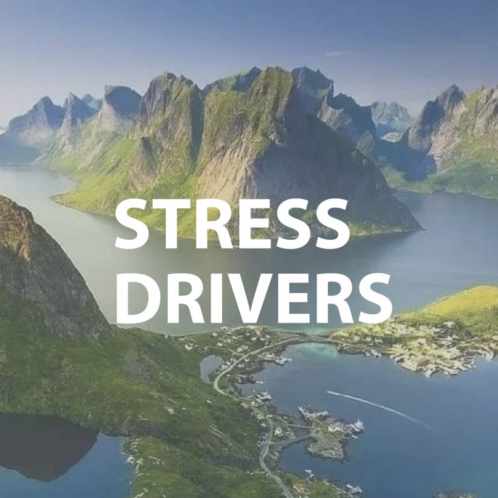 A panoramic view of a mountainous landscape with lakes and villages, labeled "STRESS DRIVERS."