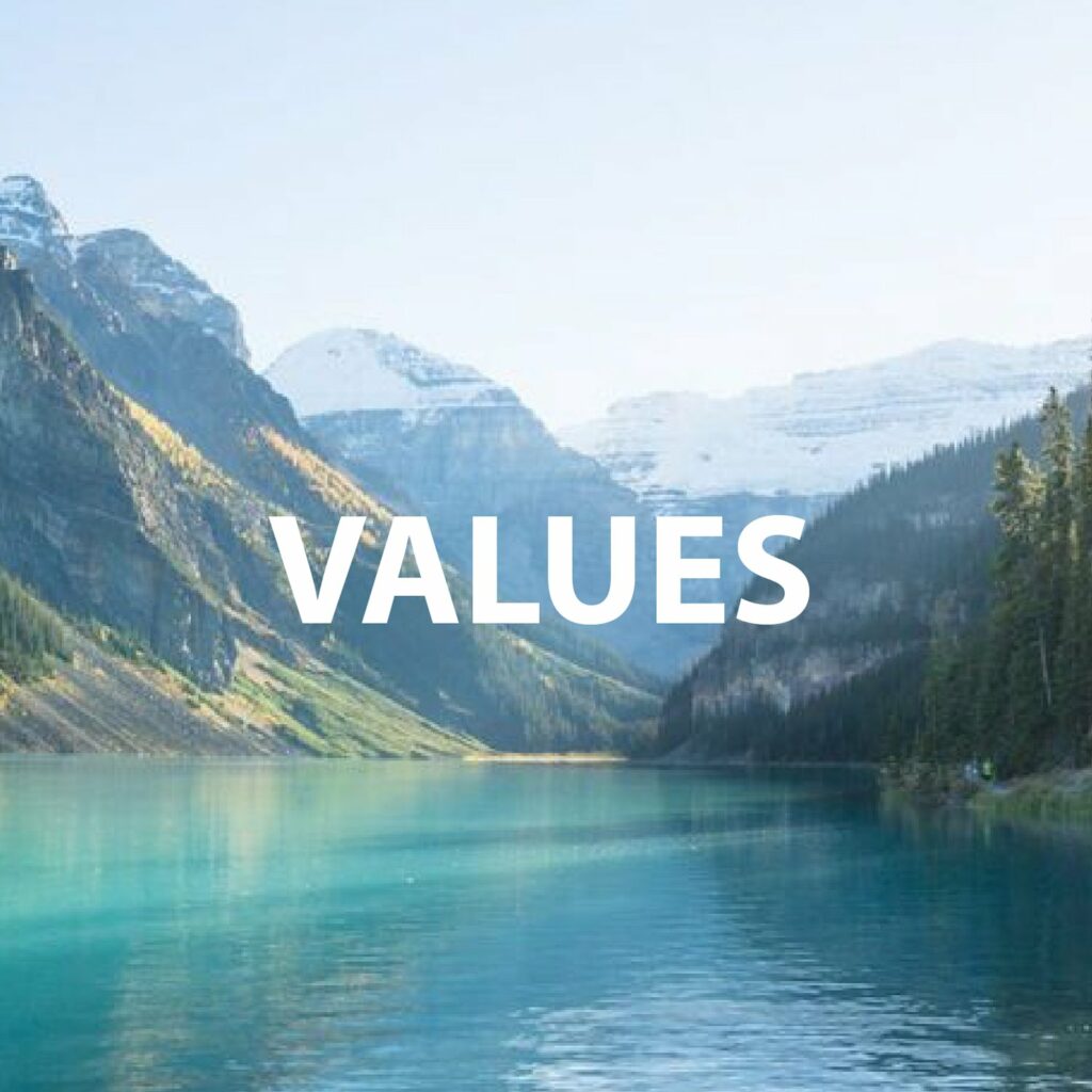 A scenic view of a clear blue lake with mountains in the background, labeled "VALUES."