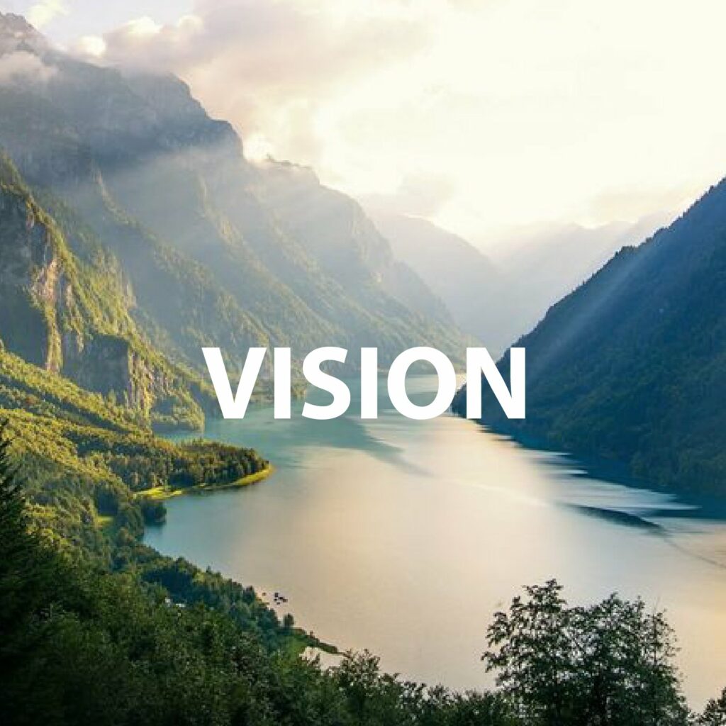 A breathtaking view of a lake surrounded by mountains and forest, labeled "VISION."