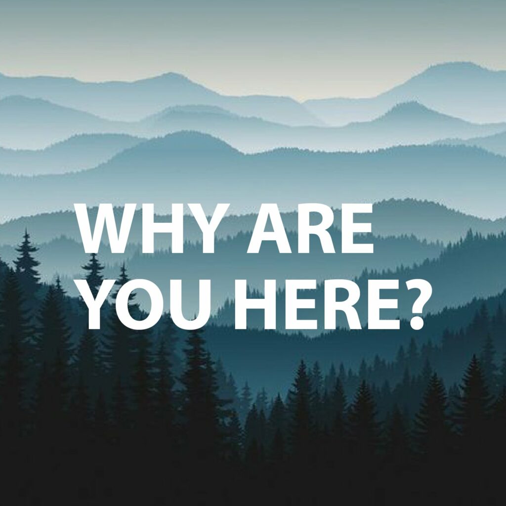 A layered mountain range in shades of blue, labeled "WHY ARE YOU HERE?"