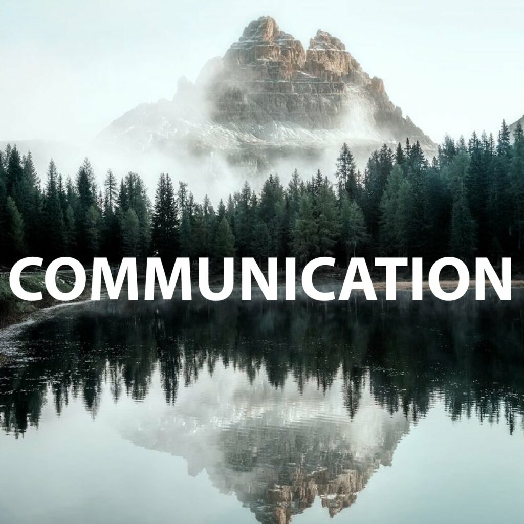 Graphic with the word "Communication" over a lake and mountain.