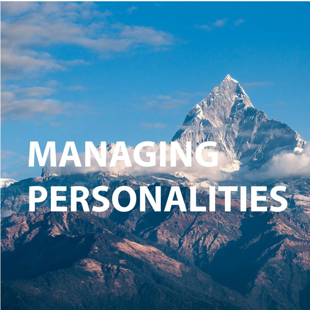 Graphic with the words "Managing Personalities" over a mountain.