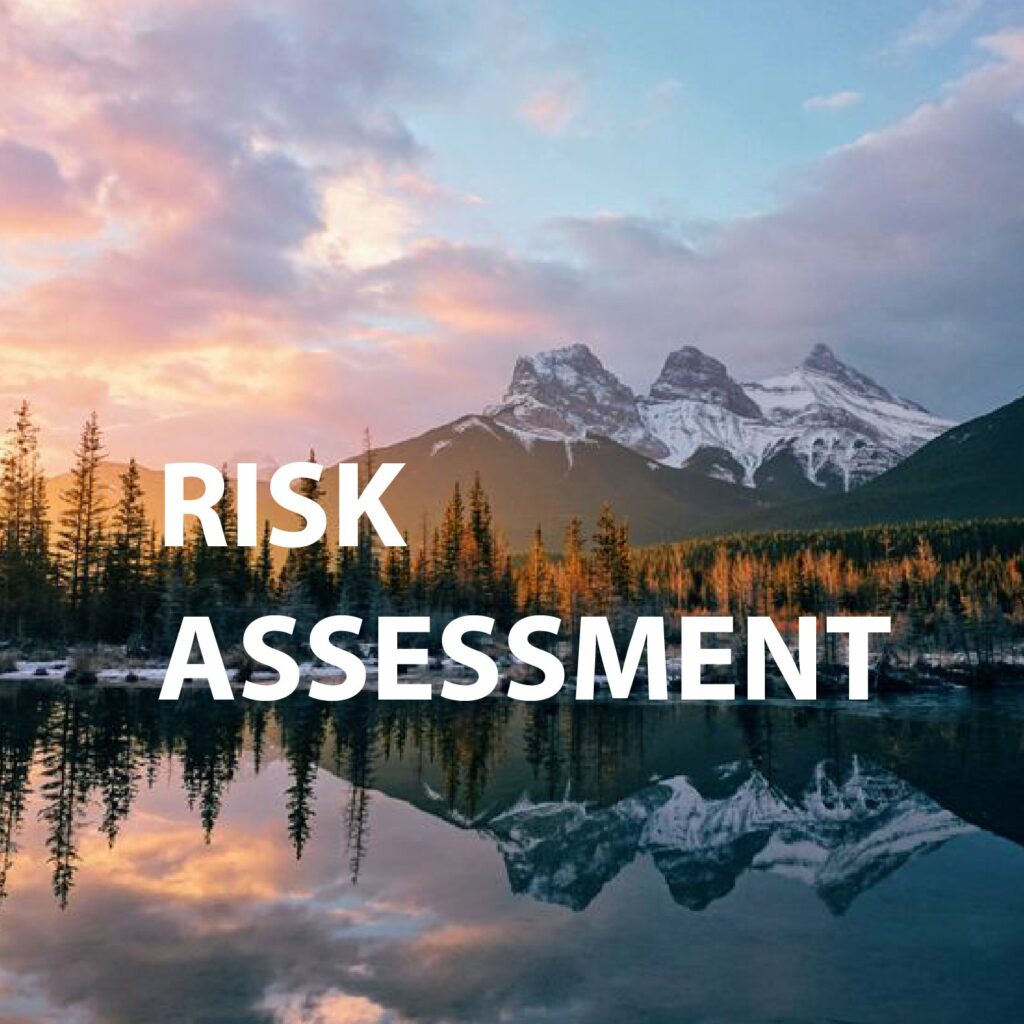 A colourful sunset over a lake with mountain reflections, labeled "RISK ASSESSMENT."