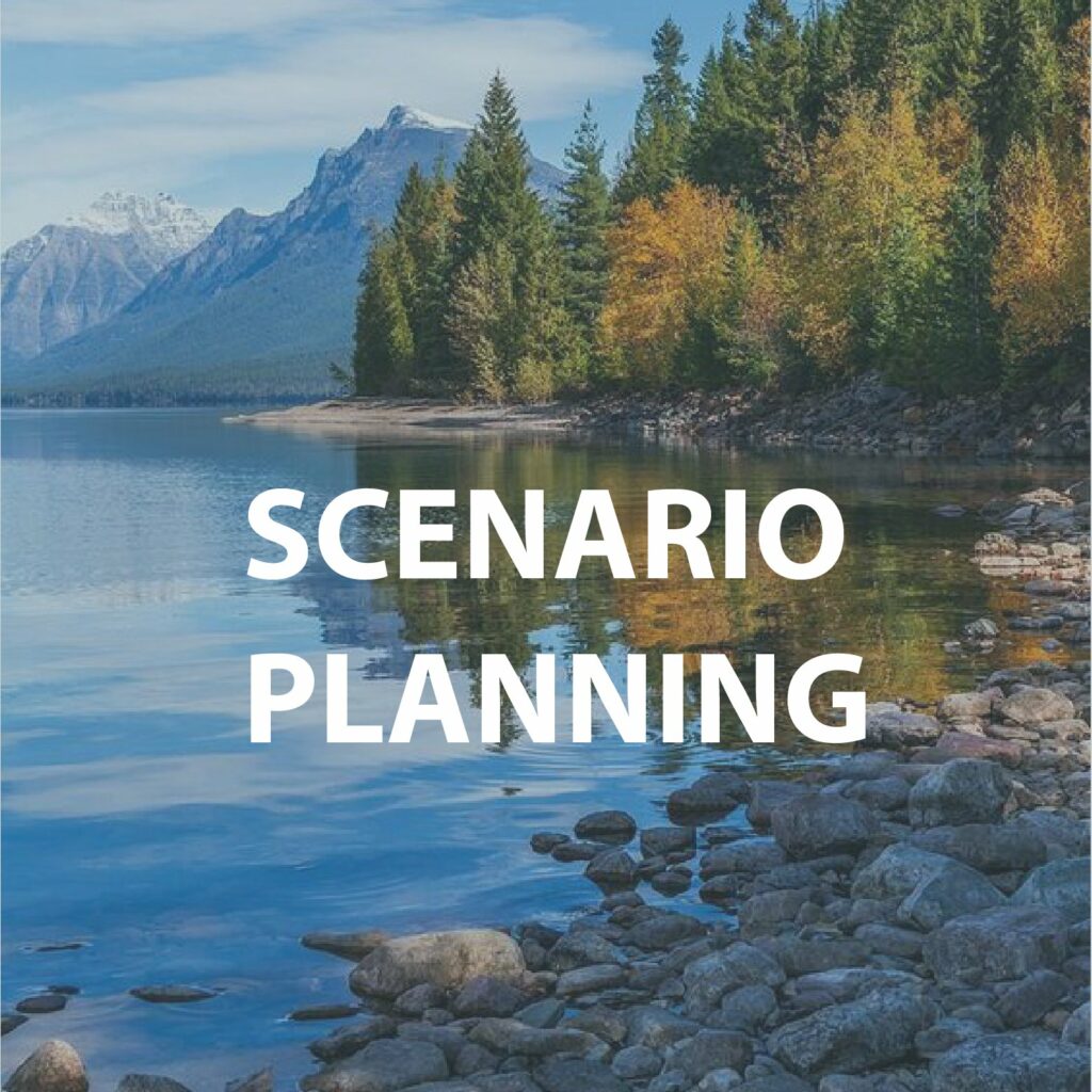 A peaceful lake with rocky shores and mountains in the distance, labeled "SCENARIO PLANNING."