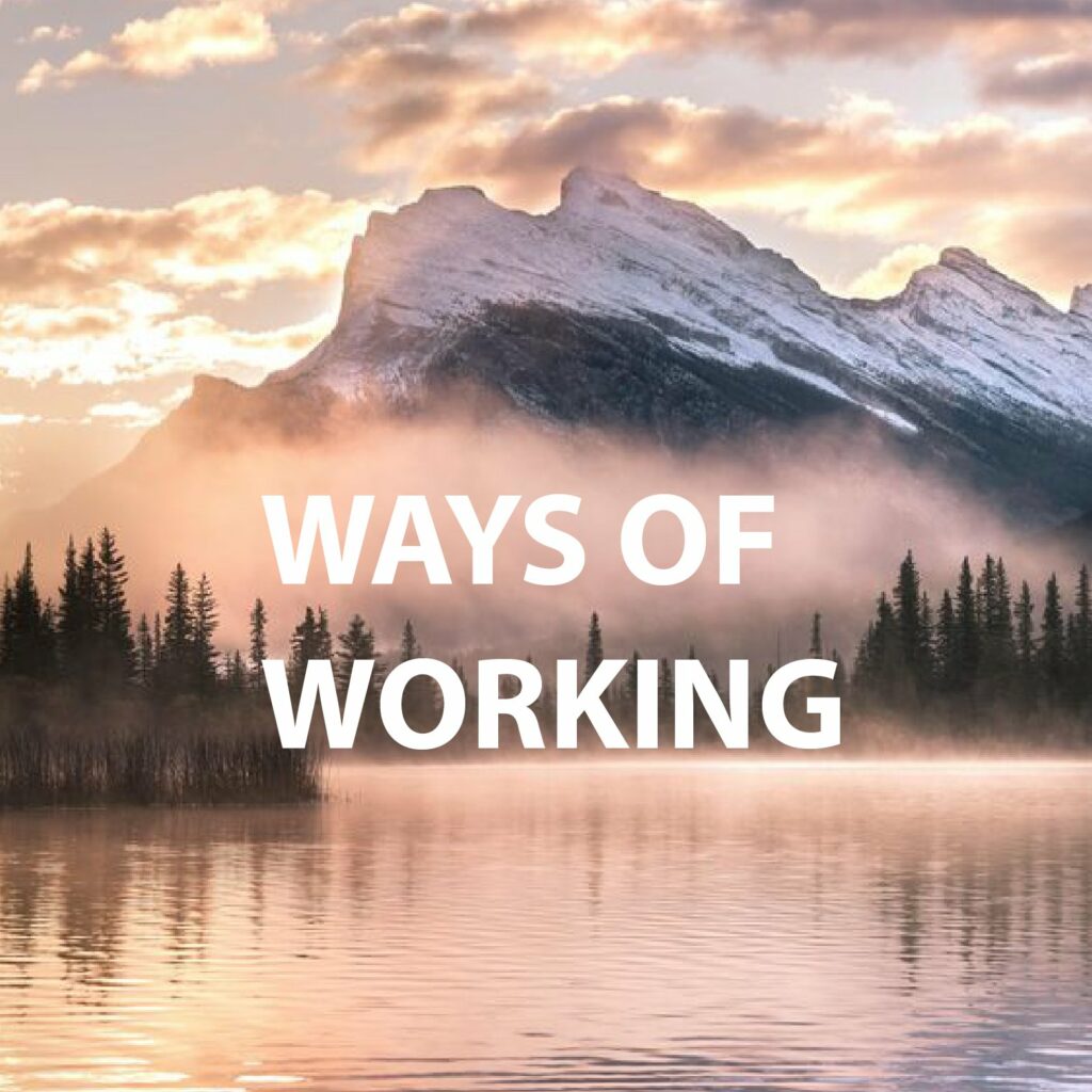 A scenic view of a lake and mountain during sunrise, labeled "WAYS OF WORKING."