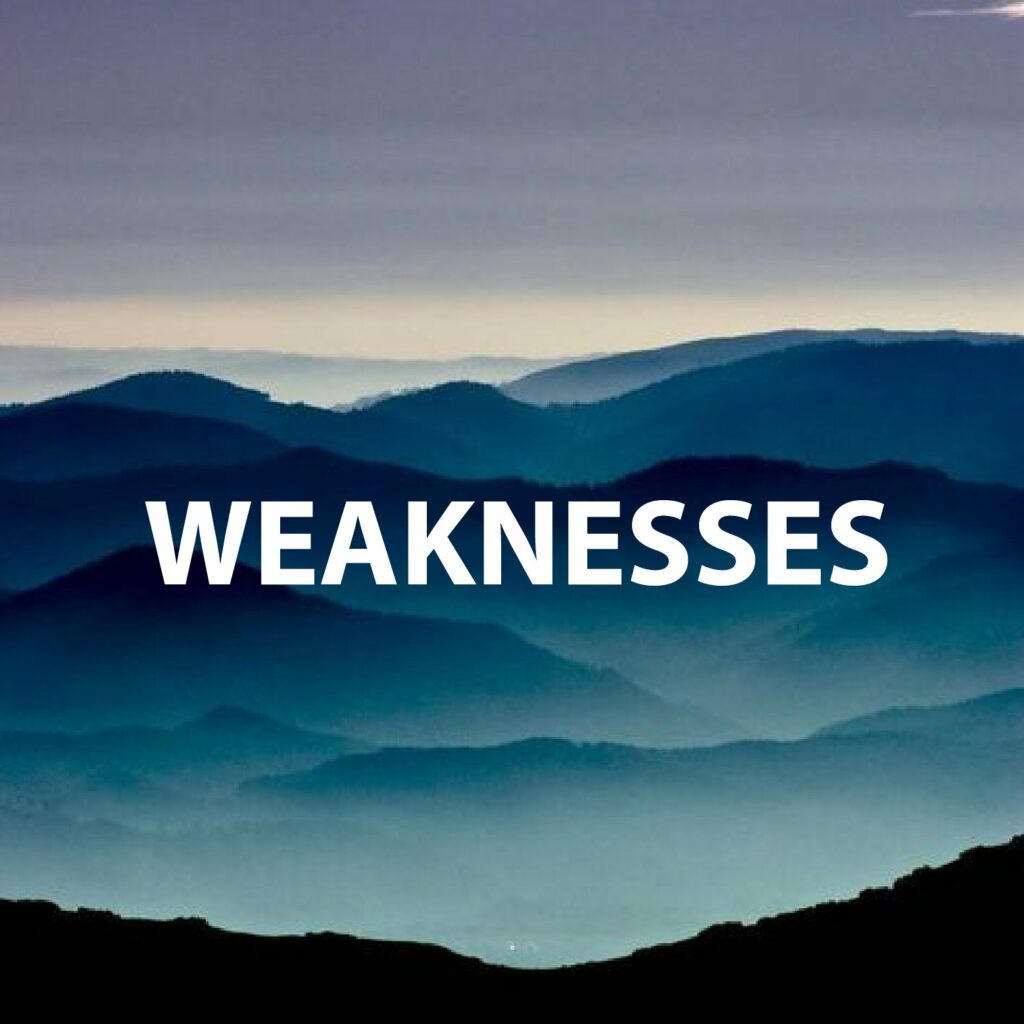 A graphic showing a layered mountain range, labeled "WEAKNESSES."