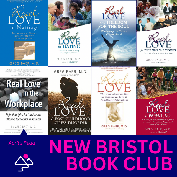 New Bristol Book Club poster featuring various books by Greg Baer, M.D., for April's read.