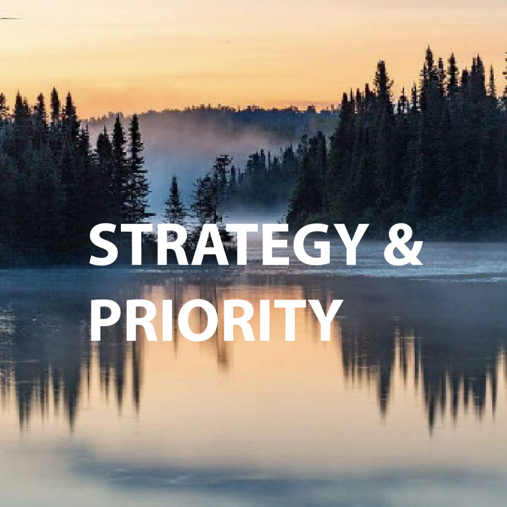 A lake surrounded by trees and mist with the words 'Strategy & Priority'